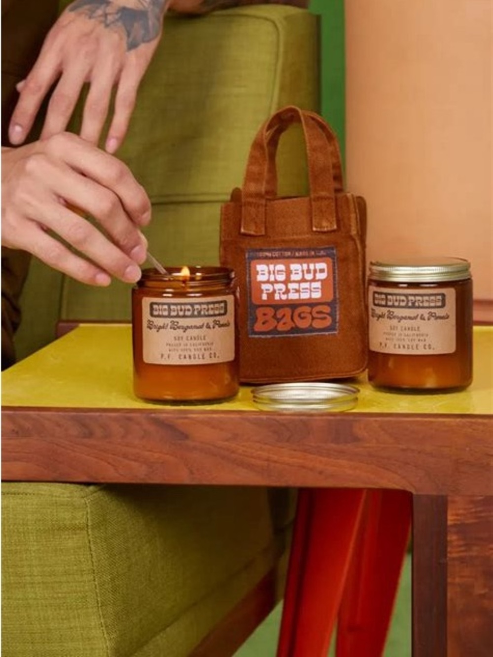Big Bud Press x PF Candle Bright Bergamot & Pomelo Soy Candle & Mini Canvas Tote